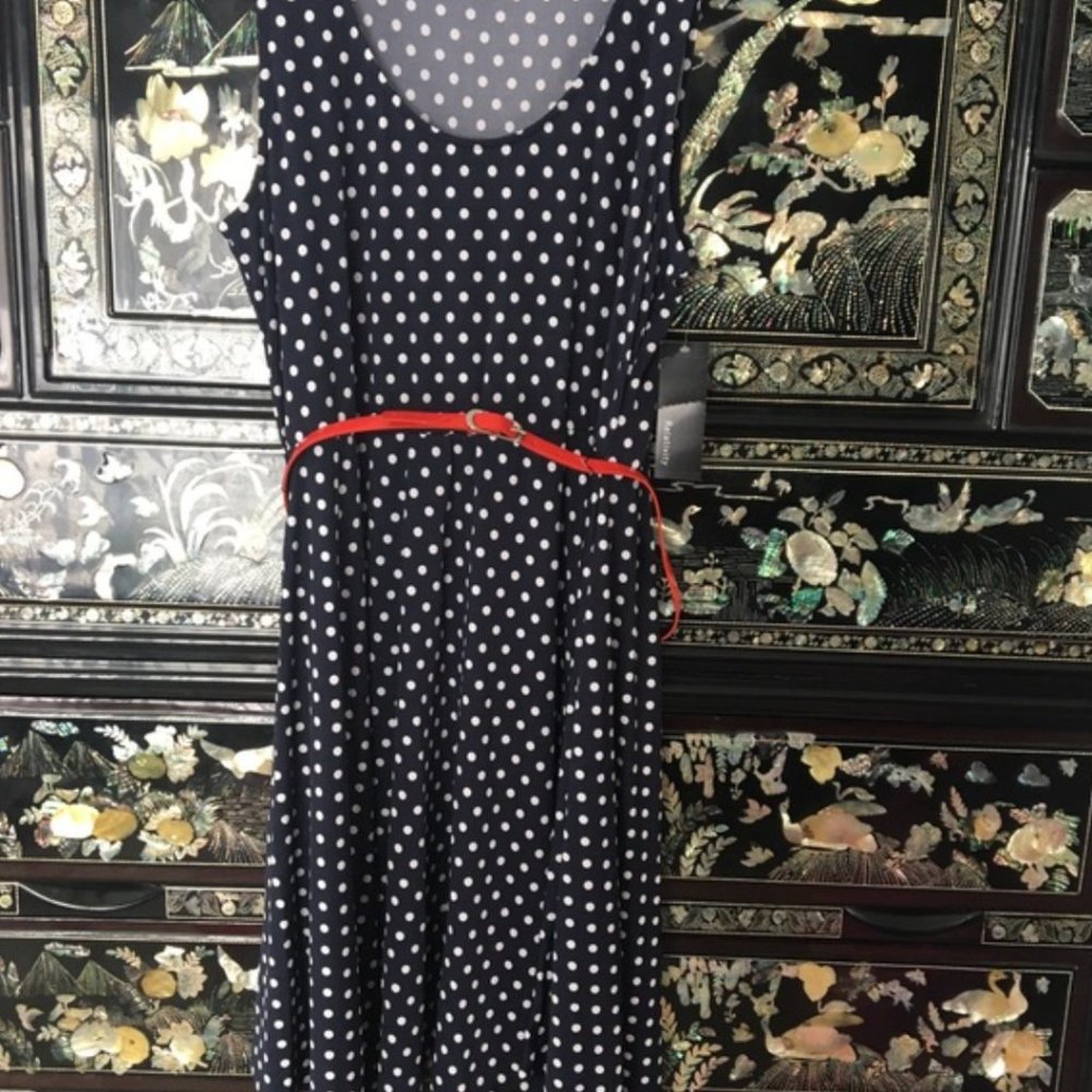 Navy & White Polka Dot Scoop Neck Sleeveless Dress w/ Red Belt